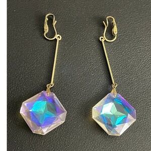 Vintage Aurora Borealis Earrings Iridescent Clip Ons Dangle Drop Gold Tone